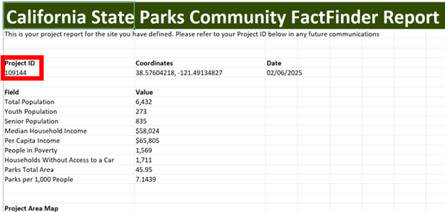 Screenshot of FactFinder report displaying census data with the project ID in the top left outlined with a bold red box