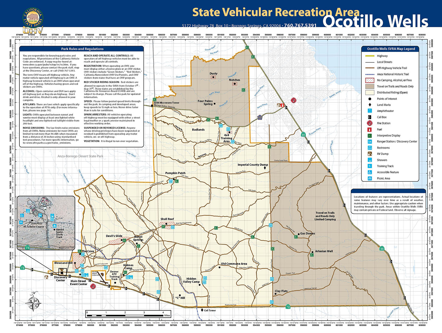 Ocotillo Wells SVRA map showing highways, local streets, Off-highway vehicle trails, Anza National Historic Trail, No Camping, Alcohol, or fires area, travel on trails only area, distributed riding (open) area, Points of interest, landmarks, Amphitheatre, call box, fire station, fuel, interpretice displays, Ranger Station, Discovery Center, Restrooms, RV dump, showers, training track, Accessible Feature, Picnic Areas. The park is north of highway 78 and west of highway 86. Points of interest include Badlands, 4x4 training area, Gas Domes, Artesian Well, Clay flats, C hill, Hidden Valley Camp, Old Commune area, Shell Reef, Devil's Slide, The Cove, Blowsand Hill, Pumpkin Patch, and Main Street Event Center. 