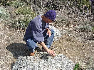 Man squating on rock looking at lichen