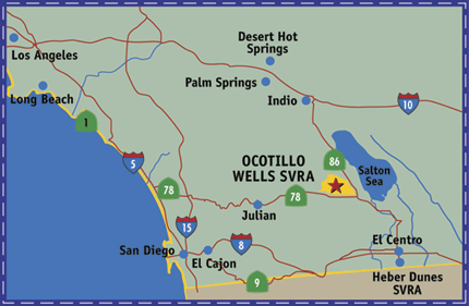 Ocotillo Wells SVRA Location Map depicting the region from Los Angeles to Desert Hot Springs, to the Salton Sea, Heber Dunes, and San Diego. Ocotilloe Wells is in the southeast region near the Salton Sea, north of Heber Dunes SVRA.