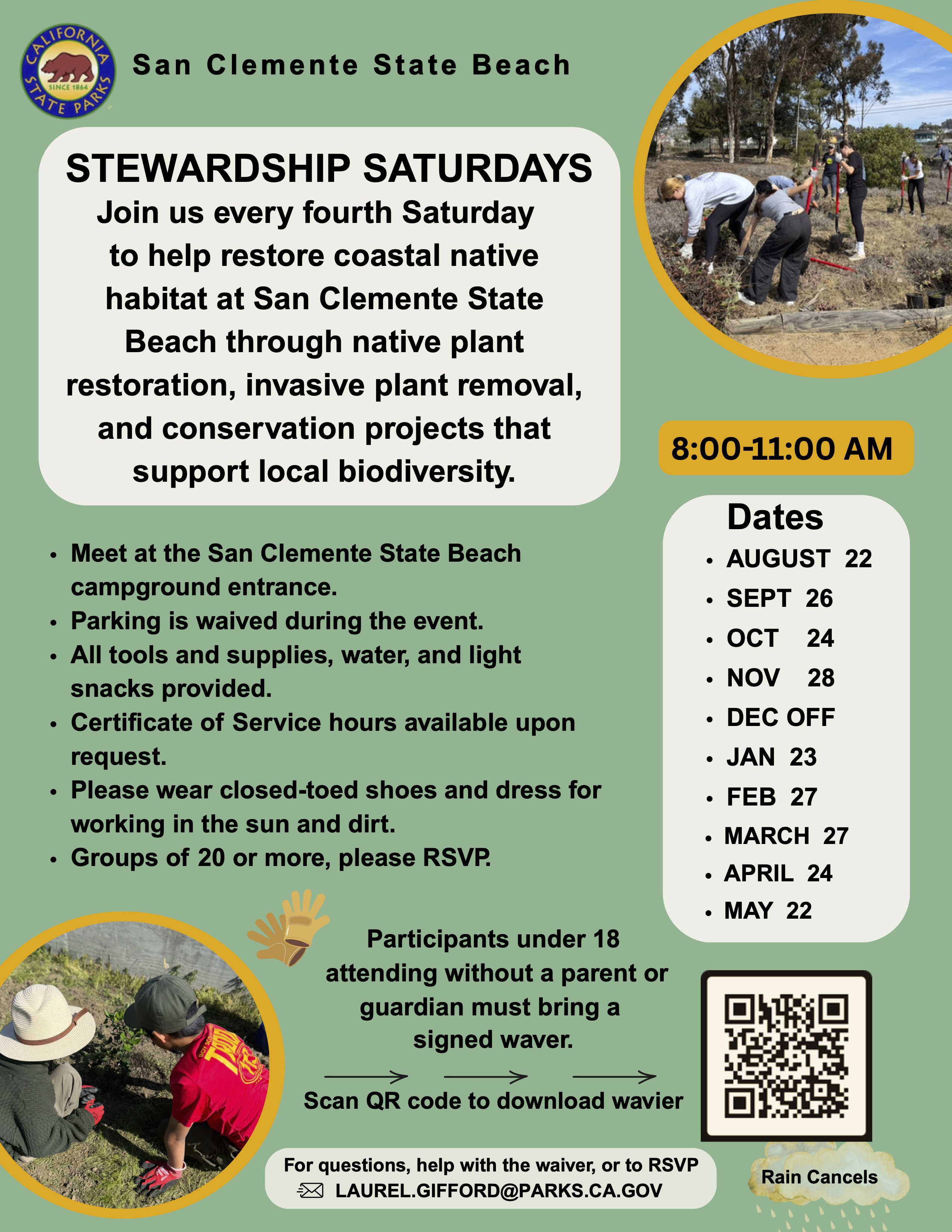 San Clemente State Beach Stewardship Saturdays flyer for 2026 and 2027