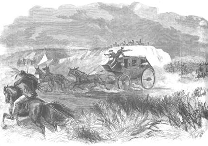 Butterfield Overland Dispatch coach under attack, 1866
