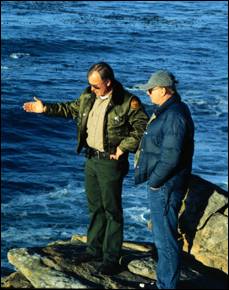 Senior State Archaeologist, John Foster, and Park Ranger Ashford P. Wood overlook the area where the Pomona presently resides.