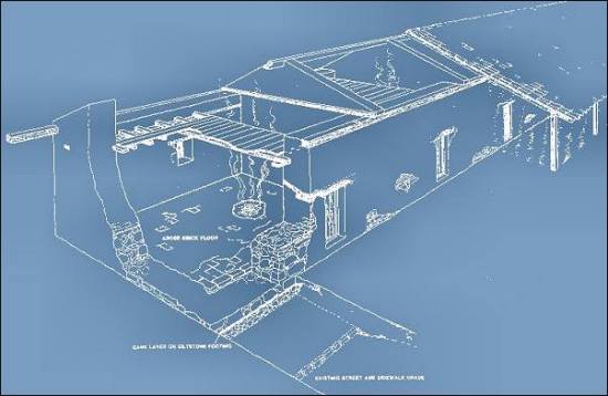 Drawing showing the construction details of a Native American row house residence built 1822-1824