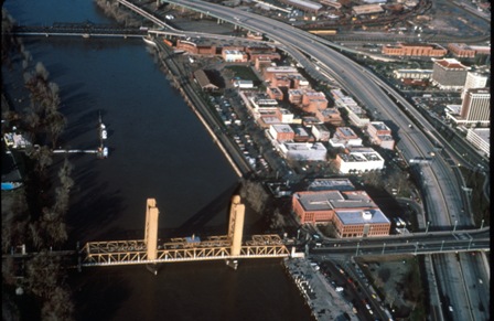 Aerial view of Old Sacramento State Historic Park (Site of Sutter's Embarcadeo in the 1840's)