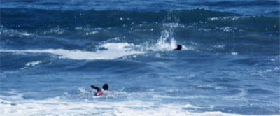 Lifeguard at Twin Lakes SB swims out for a victim struggling in a rip current.