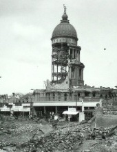 City Hall... "there was no better exhibit of the destructive force of the earthquake. Most of the stone had been shaken from the great dome, leaving standing the naked framework of steel."   - Jack London