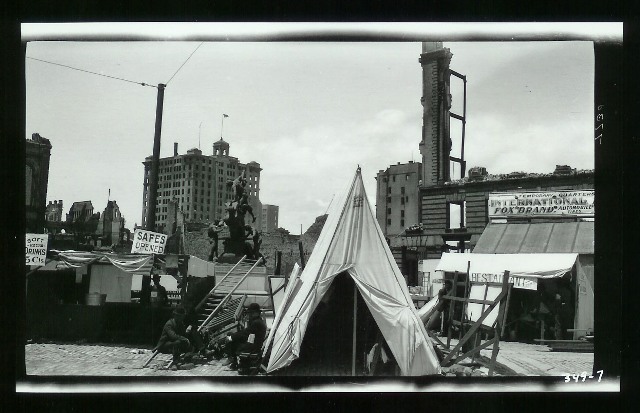San Francisco, at the present time, is like the crater of a volcano, around which are camped tens of thousands of refugees.  Photo by Jack London, 1906.