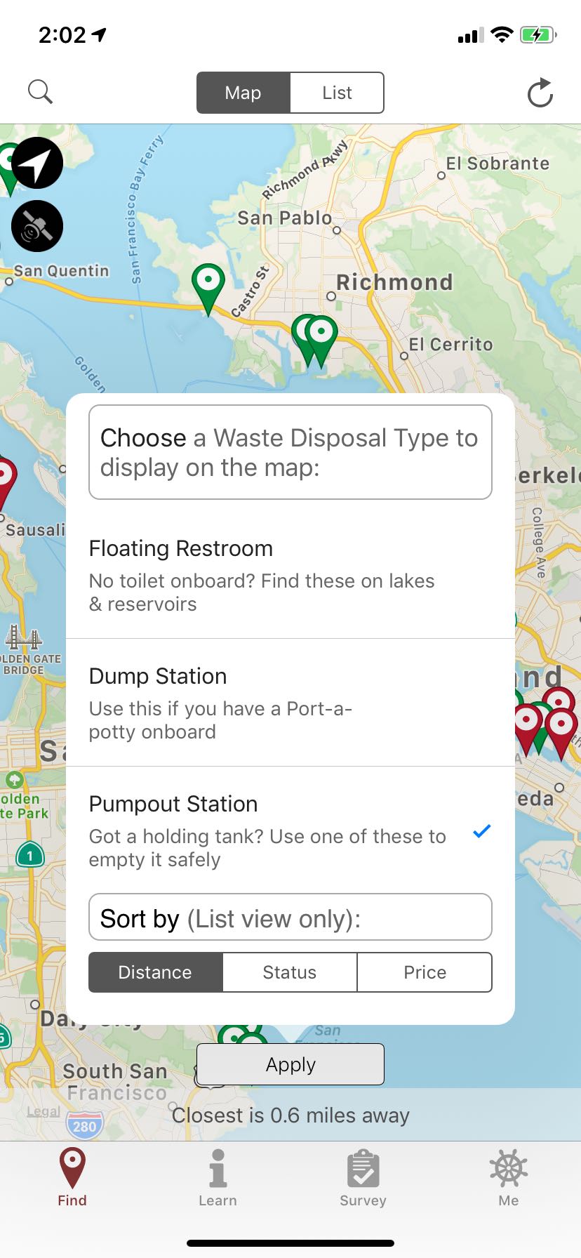 Choice of waste disposal type: Floating Restroom, Dump Station, or Pumpout Station