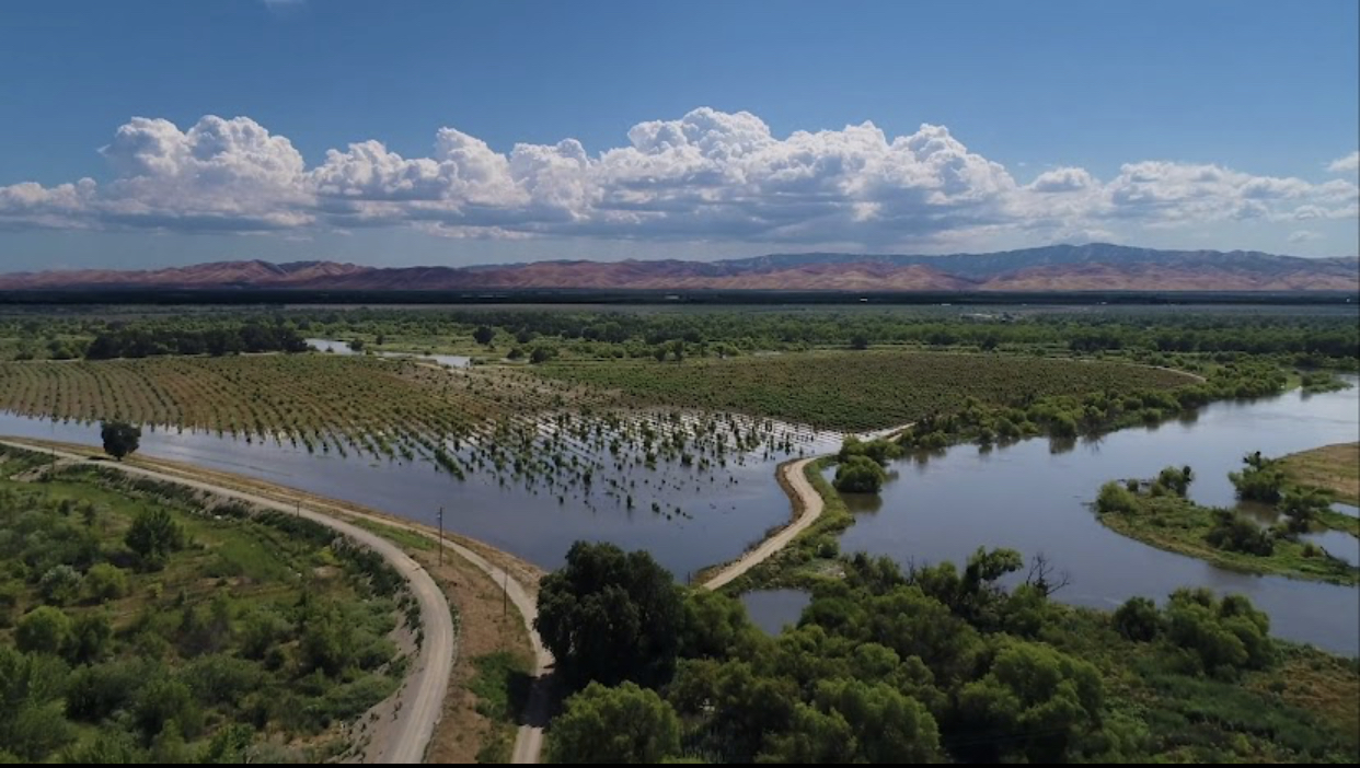 Aerial view of river and flooding 