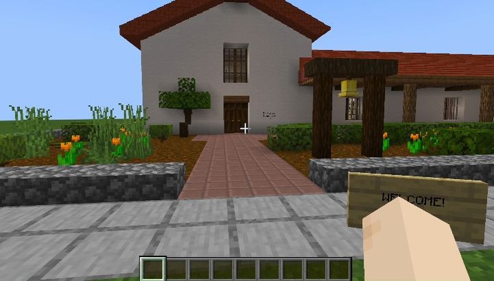 A first person view of the San Francisco Solano mission chapel in the videogame Minecraft