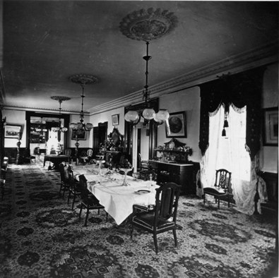 Muybridge's glass plate photo of the Stanford Mansion Dining Room in 1872.