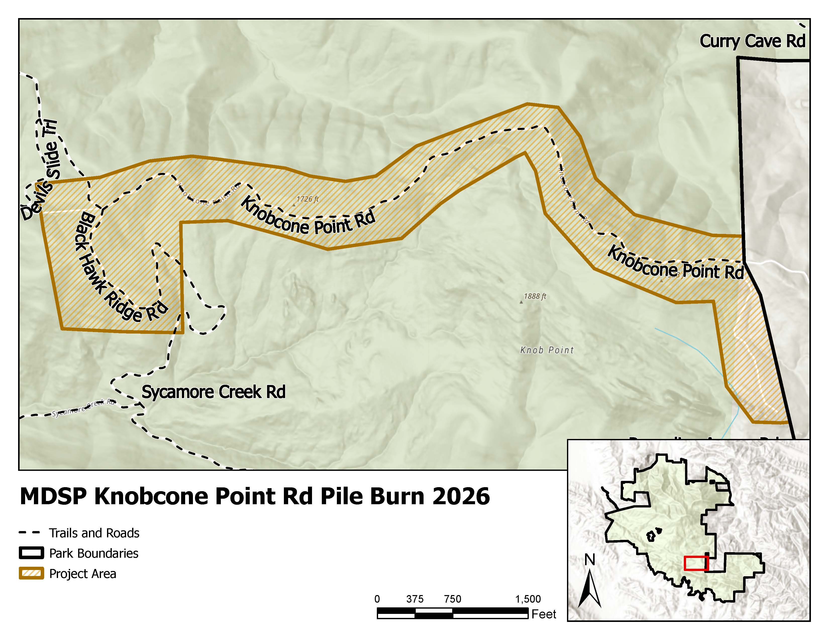 map showing trails near pile burn area