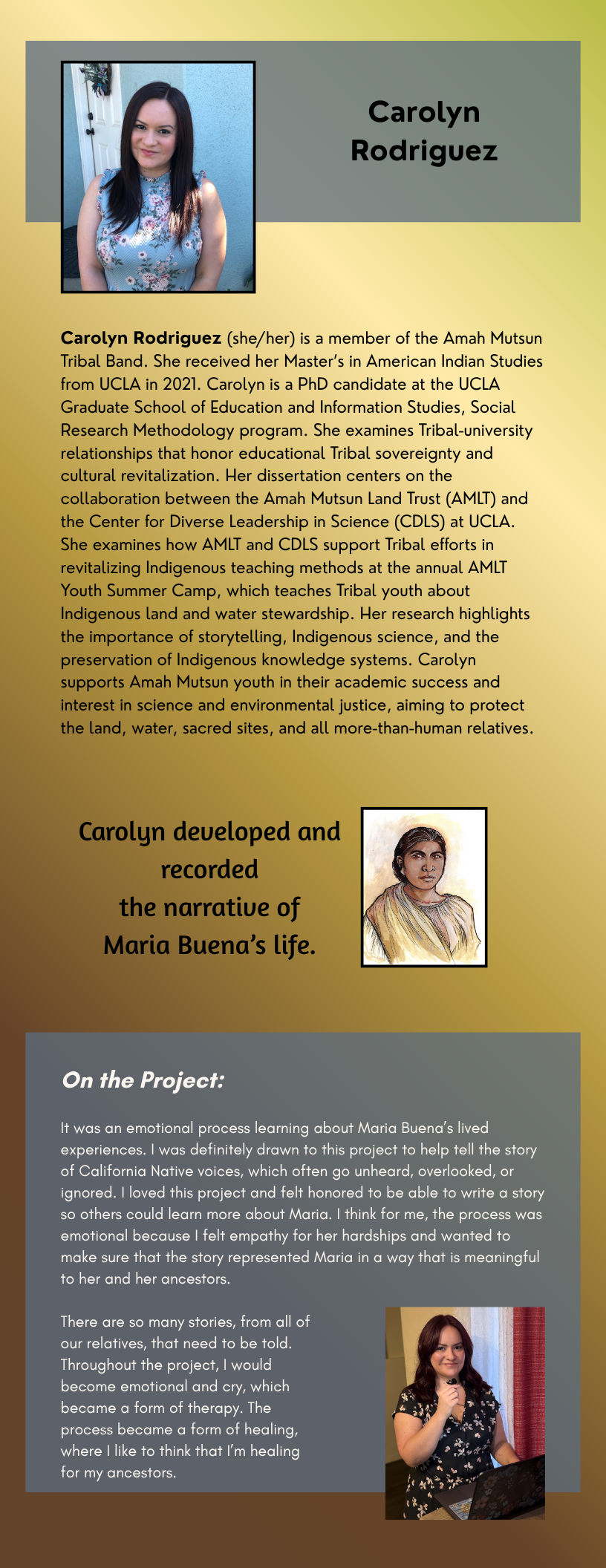 Carolyn Rodrigues in a blue dress, with a second photo of her with headphones as she records the story of Maria Buena, whose portrait is shown with a green rebozo head covering