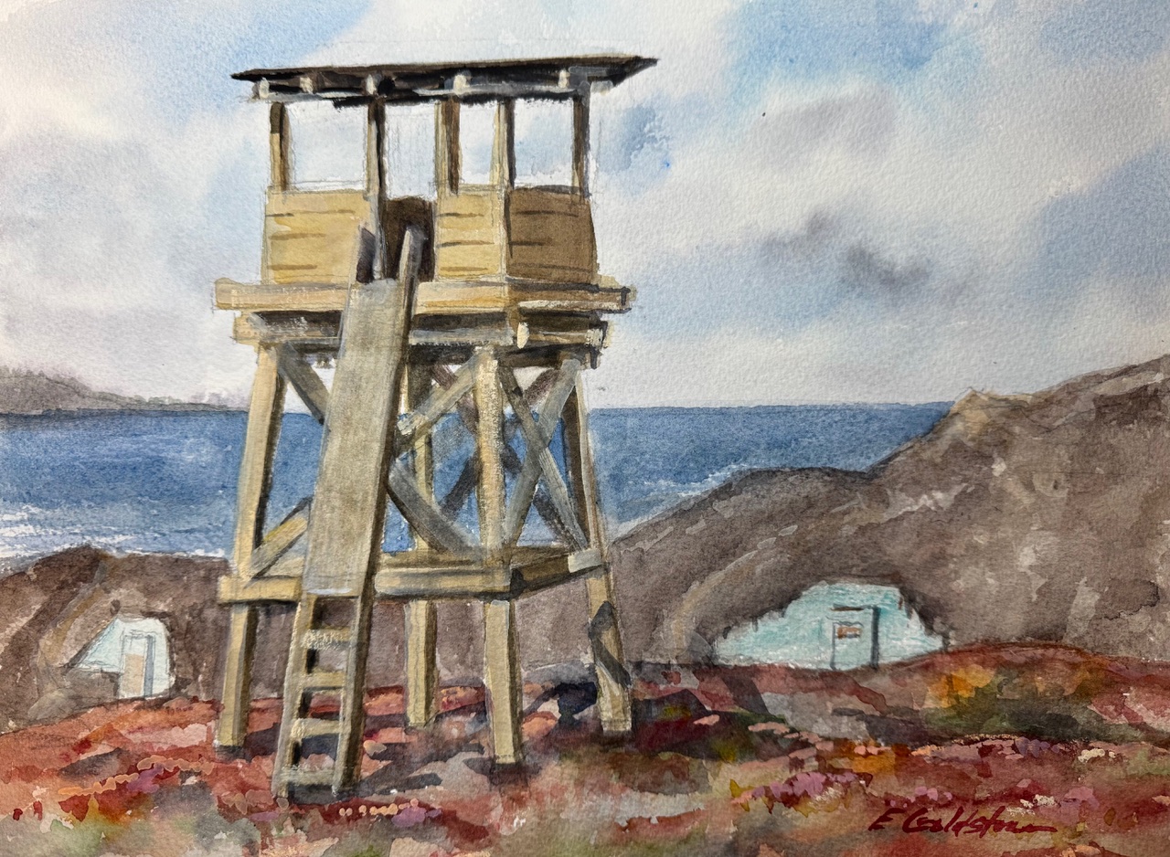 A watercolor painting depicting the Fort Ord Dunes watch tower overlooking a scene of two army bunkers in the dunes with the ocean and Monterey peninsula in the distance. Painting by Elaine Goldstone.