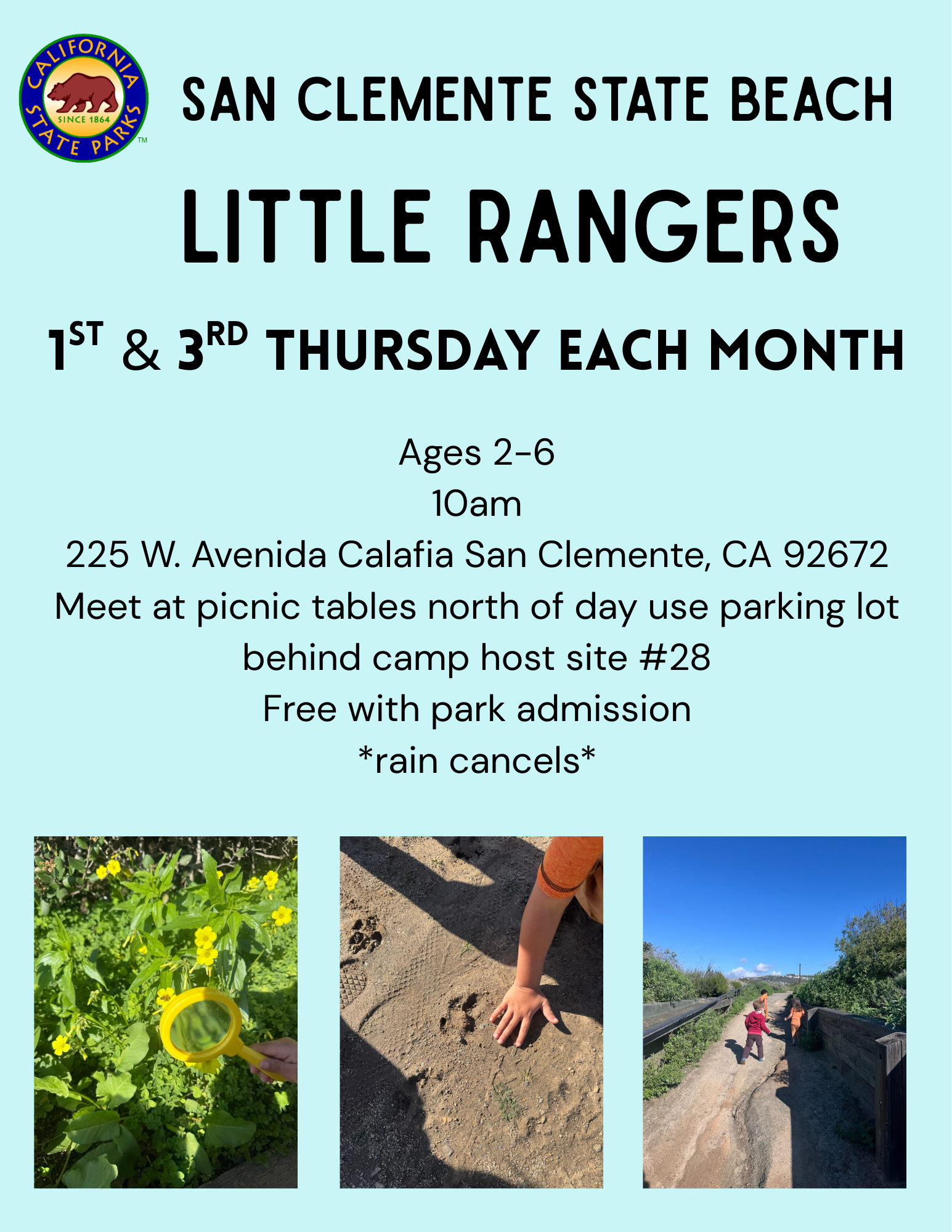 A flyer with a green ranger stetson at the top with branched leaves surrounding it. Flyer reads Little Rangers San Clemente State Beach 2026 Flyer