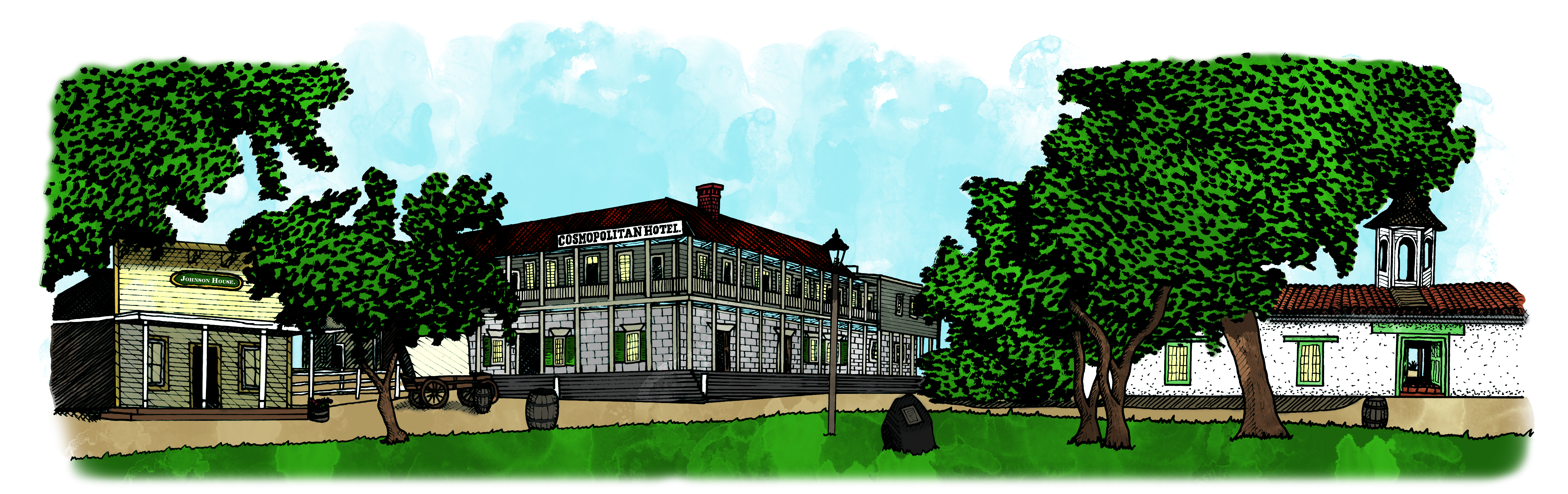 Illustration of a corner of the park that includes the Cosmopolitan Hotel, the Johnson House, and La Casa de Estudillo museum