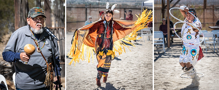 (From left to right) Chumash/Fernandeño Tataviam Band of Mission Indians storyteller Ted Garcia, (center) Kaelene Ashmore (Diné) demonstrating fancy shawl dancing, and (right) Sage Romero (Paiute/Taos Pueblo) demonstrating the hoop dance at the park’s 2024 Native American Celebration. Photos from Friends of the Antelope Valley Indian Museum SHP.