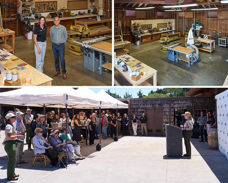 Clockwise from top left: President and CEO of Aramark Destinations Sasha Day and California State Parks Director Armando Quintero tour the workshop. The new Historic Preservation Center workshop. Asilomar Section Manager Jenifer Lienau Thompson addresses the crowd at the ribbon-cutting ceremony for the new Asilomar Historic Preservation Center. 