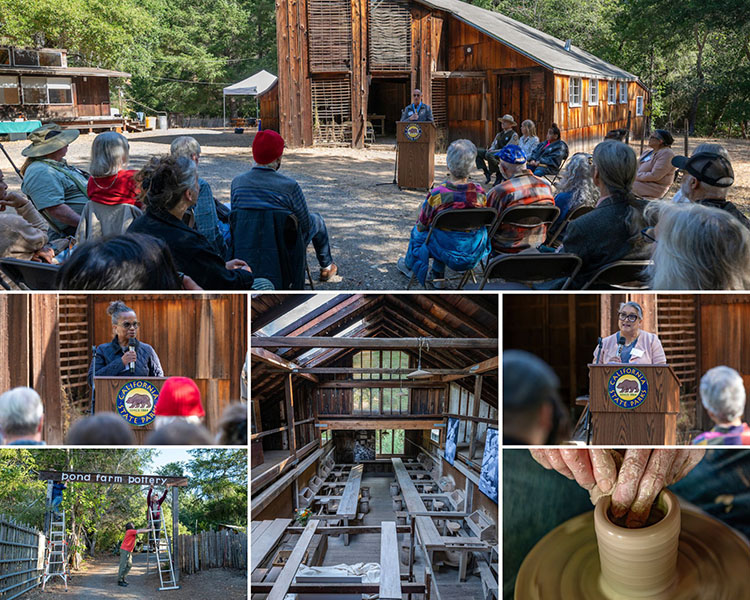Top: Event speakers included State Parks Director Armando Quintero (pictured), Kashia Pomo Elder Hannah Banuelos, National Historic Landmark program manager Elaine Jackson-Retondo, State Historic Preservation Officer Julianne Polanco, and Pond Farm student Jane Rekedal. Left middle: Elaine Jackson-Retondo with the National Park Service. Bottom left: Stewards of the Coast and Redwoods Executive Director Justin Lindenberg helps hang the repaired Pond Farm Pottery sign. Bottom middle: Kick wheels inside the Pond Farm Pottery barn where generations of Pond Farm students learned from Marguerite Wildenhain. Right middle: California State Historic Preservation Officer Julianne Polanco. Bottom right: Close-up of Pond Farmer Hunt Prothro crafting a piece of pottery. Photos from California State Parks
