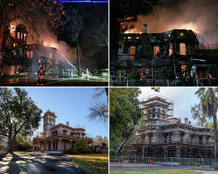 Top left and right: The mansion aflame on the morning of Dec. 11, Wednesday. Bottom left: Photo of Bidwell Mansion State Historic Park taken in 2016. Bottom right: The mansion in 2024 undergoing an extensive renovation. Photos from California State Parks.