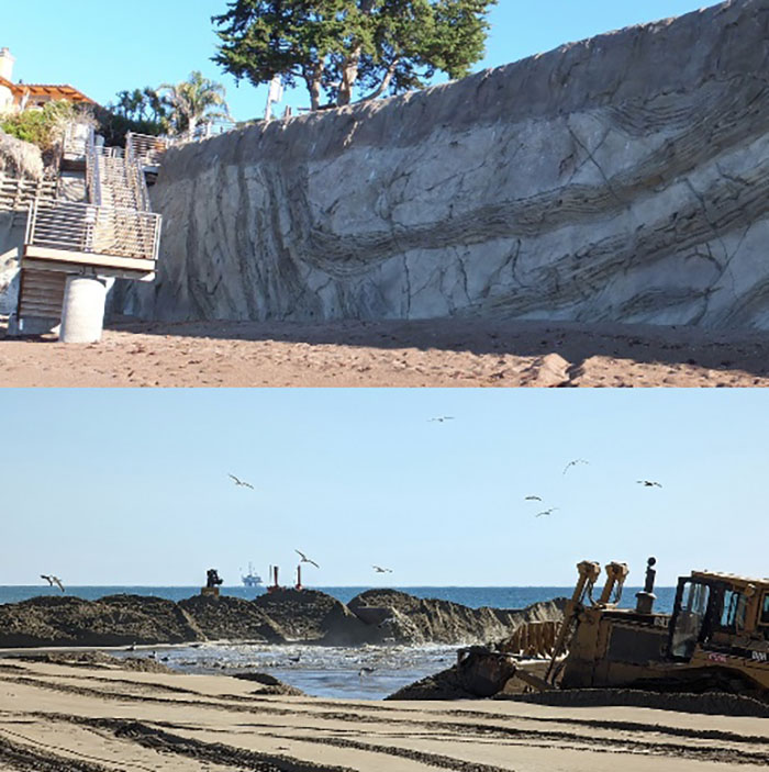 Top: A shoreline protection structure in Pismo State Beach designed to mimic nearby natural features and incorporate a coastal access stairway. Bottom: The beach restoration project in Seal Beach was the 13th iteration of the Orange County Beach Erosion Control project and was constructed this past winter. Photos from the Division of Boating and Waterways.