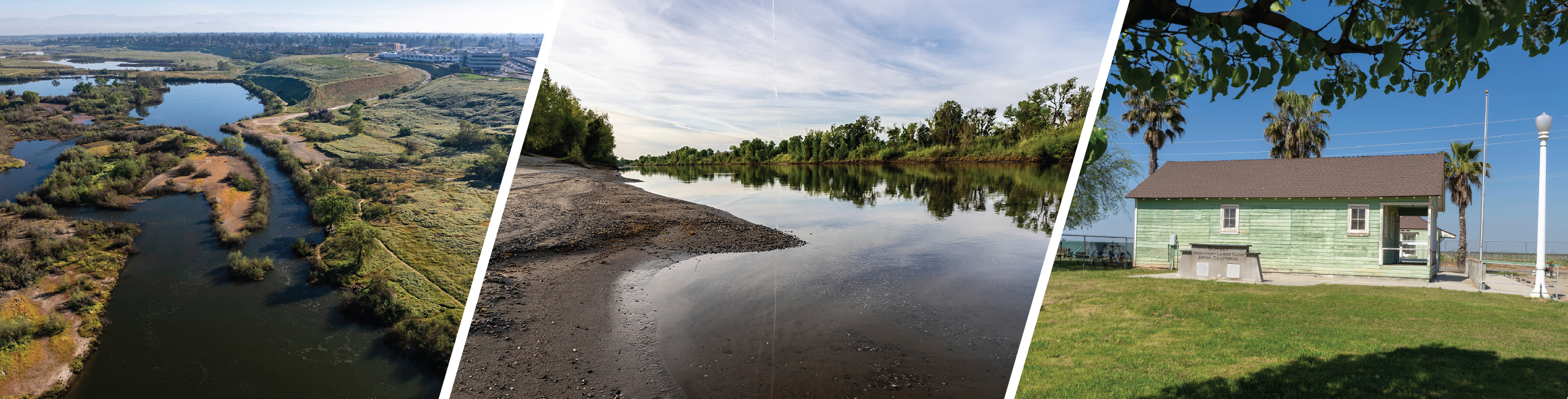 Left to right: Aerial view of the San Joaquin River Parkway in Fresno and Madera Counties. View of Feather River Park in Yuba County. Dust Bowl Camp in Kern County. Photos from California State Parks. Left to right: Aerial view of the San Joaquin River Parkway in Fresno and Madera Counties. View of Feather River Park in Yuba County. Dust Bowl Camp in Kern County. Photos from California State Parks.