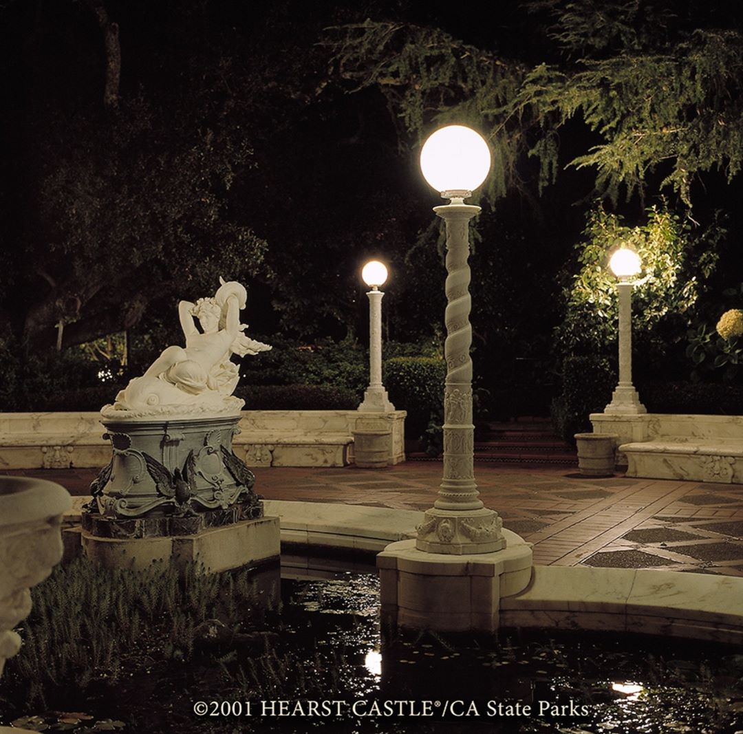 Galatea on a Dolphin, a 19th century Italian marble sculpture, illuminated in the Lily Pond on the Main Terrace of Hearst Castle – one of the many works that can be viewed as part of the ‘Art Under the Moonlight’ tour. Photo from California State Parks