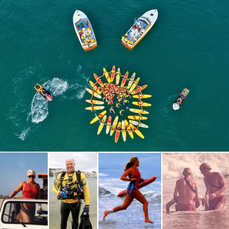 Top photo: California State Parks lifeguards in a formation off Bolsa Chica State Beach (SB). Bottom row (left to right): Lifeguards MaryAnn Lughermo on patrol at Huntington SB in 1989; Ken Kramer as a dive instructor at a public safety diver class in Orange County in 2023; Emily Hagen responding to an ocean rescue at Huntington SB in 2001; Tim Harvey as a rookie lifeguard (with back to camera) rescuing a swimmer at San Clemente SB in 1972. Photos from California State Parks.