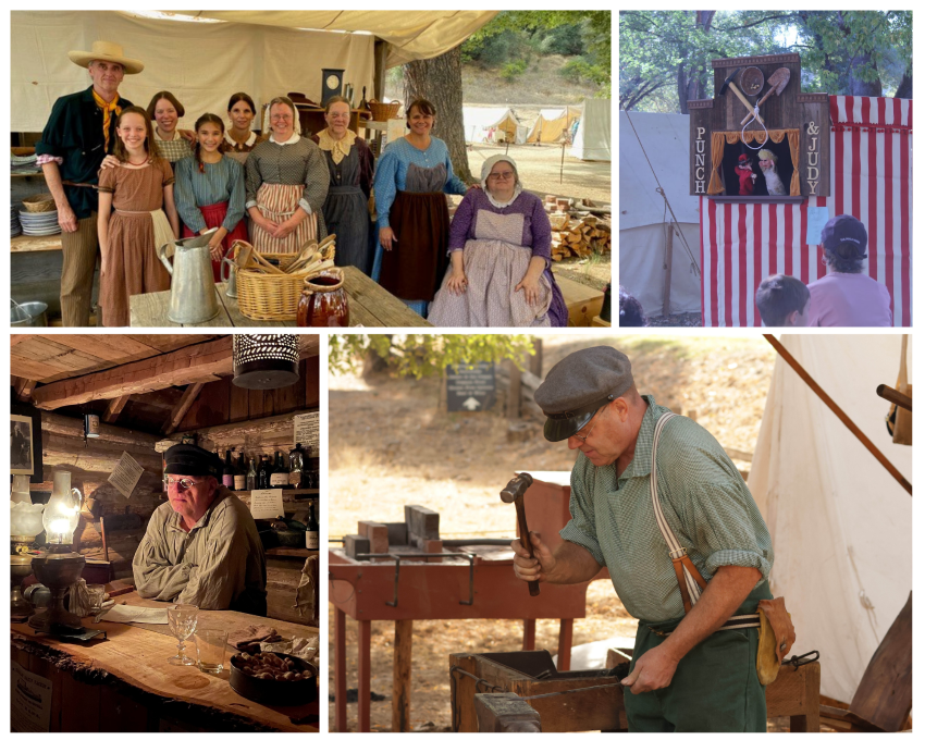 Top Left: The staff at the Winters Hotel at Marshall Gold SHP provide delicious fare for the inhabitants of Tent Town. Top right: Event attendees enjoy the antics of Punch and Judy. Bottom left: Docent Nelson Snook tends the Miners’ Store. Bottom right: Senior Park Aide Frank McKinney demonstrates the art of blacksmithing.