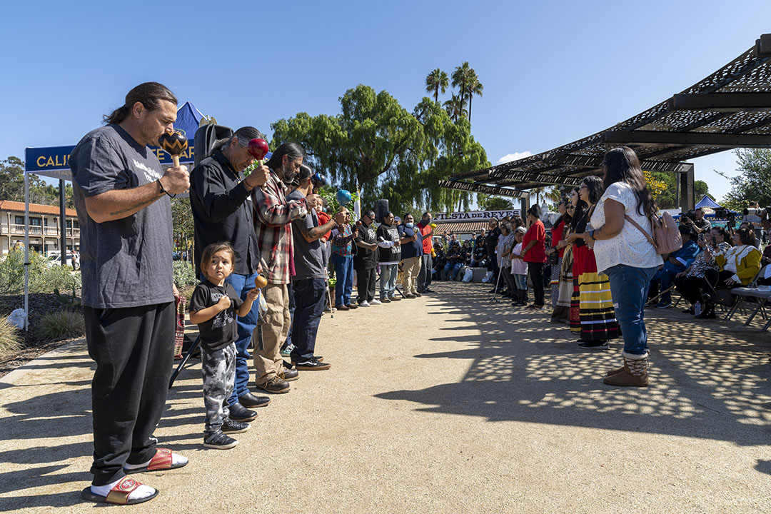 Dancers during the performance of the grand opening of lipay~Tipai Kumeyaay Mut Niihepok (Land of the First People) in 2021 at Old Town San Diego State Historic Park