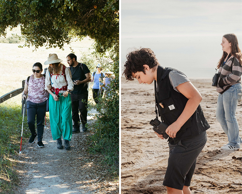 Left photo: Route to Parks returning grantee Hearts for Sights Foundation previously provided transportation for blind and visually impaired community members to enjoy trails at Topanga State Park in Los Angeles County. Right photo: Students take part in a bird watching and identification class at the Salton Sea State Recreation Area in Riverside County hosted by grantee Grower's First as part of Parks California's Route to Parks program.