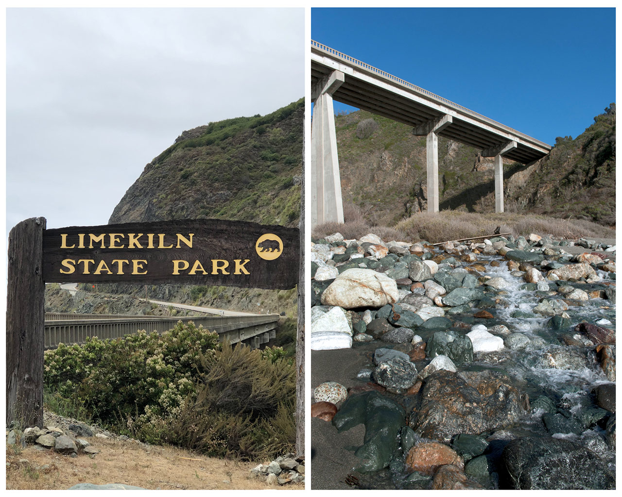 Left: Limekiln State Park welcome sign. Right: A view of the creek at Limekiln State Park. Photos from California State Parks.