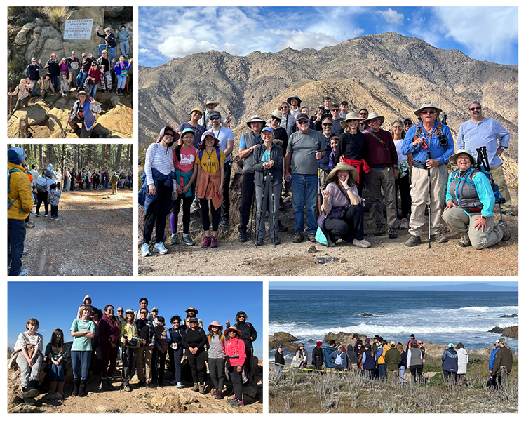 Photos from First Day Hikes 2024. Top left: Santa Susana Pass State Historic Park. Middle left: Calaveras Big Trees State Park (SP). Bottom left: Saddleback Butte SP. Bottom right: Asilomar State Beach. Top right: Anza-Borrego Desert SP.