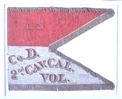 Flag of the 2nd California Cavalry, Company D.  This unit was involved in the Paiute War of 1861-1863, as well as the forced removal to the San Sebastian Indian Reservation near Ft. Tejon
