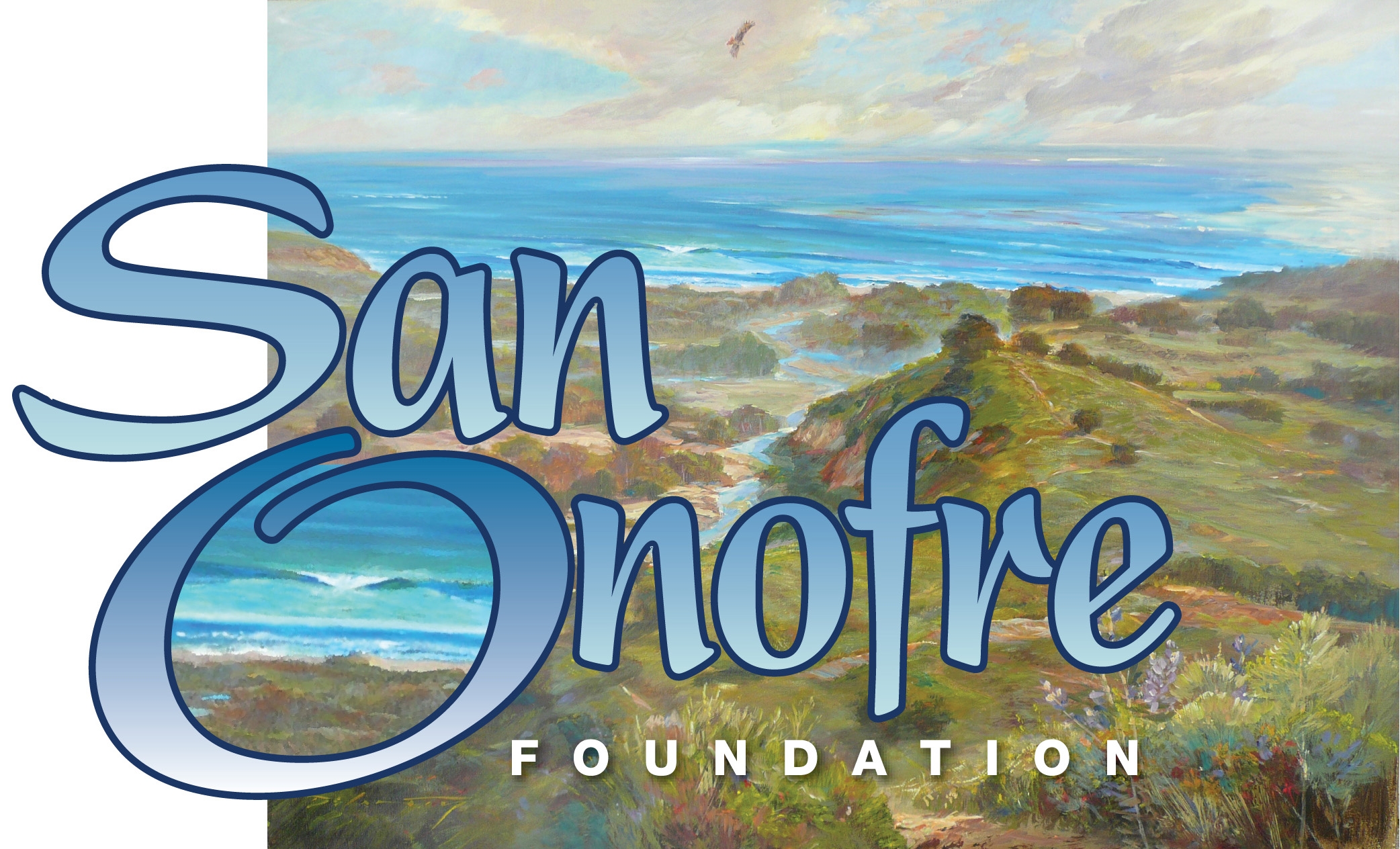 Coastal bluffs and ocean beach with words San Onofre Foundation